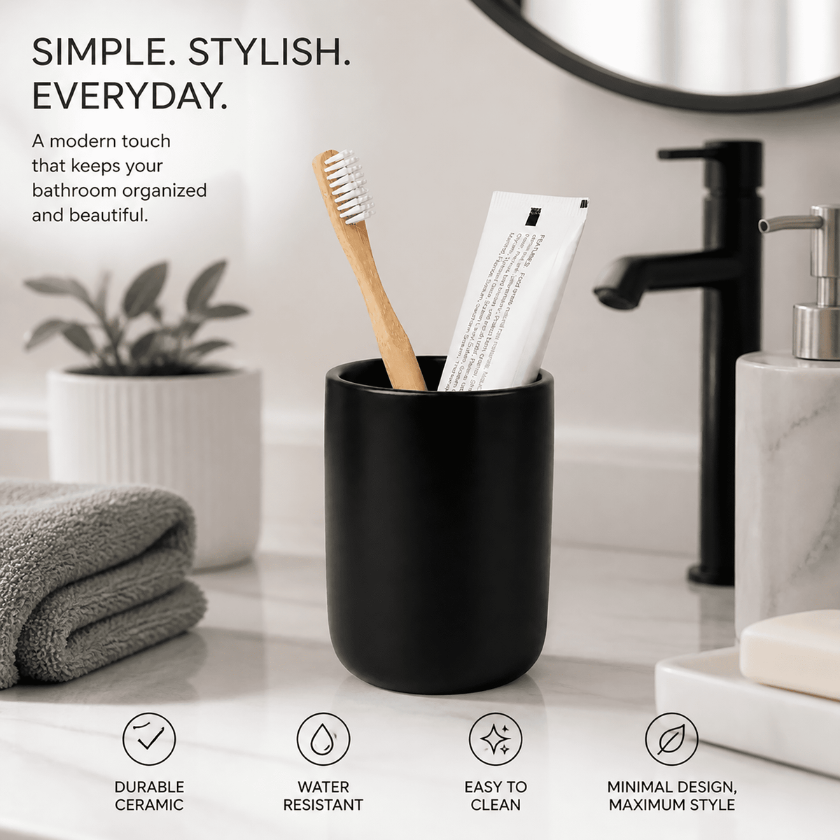 Ceramic Toothbrush Holder Cup, 14 oz Matte Black Tumbler for Toothbrushes and Toothpaste - Image 3