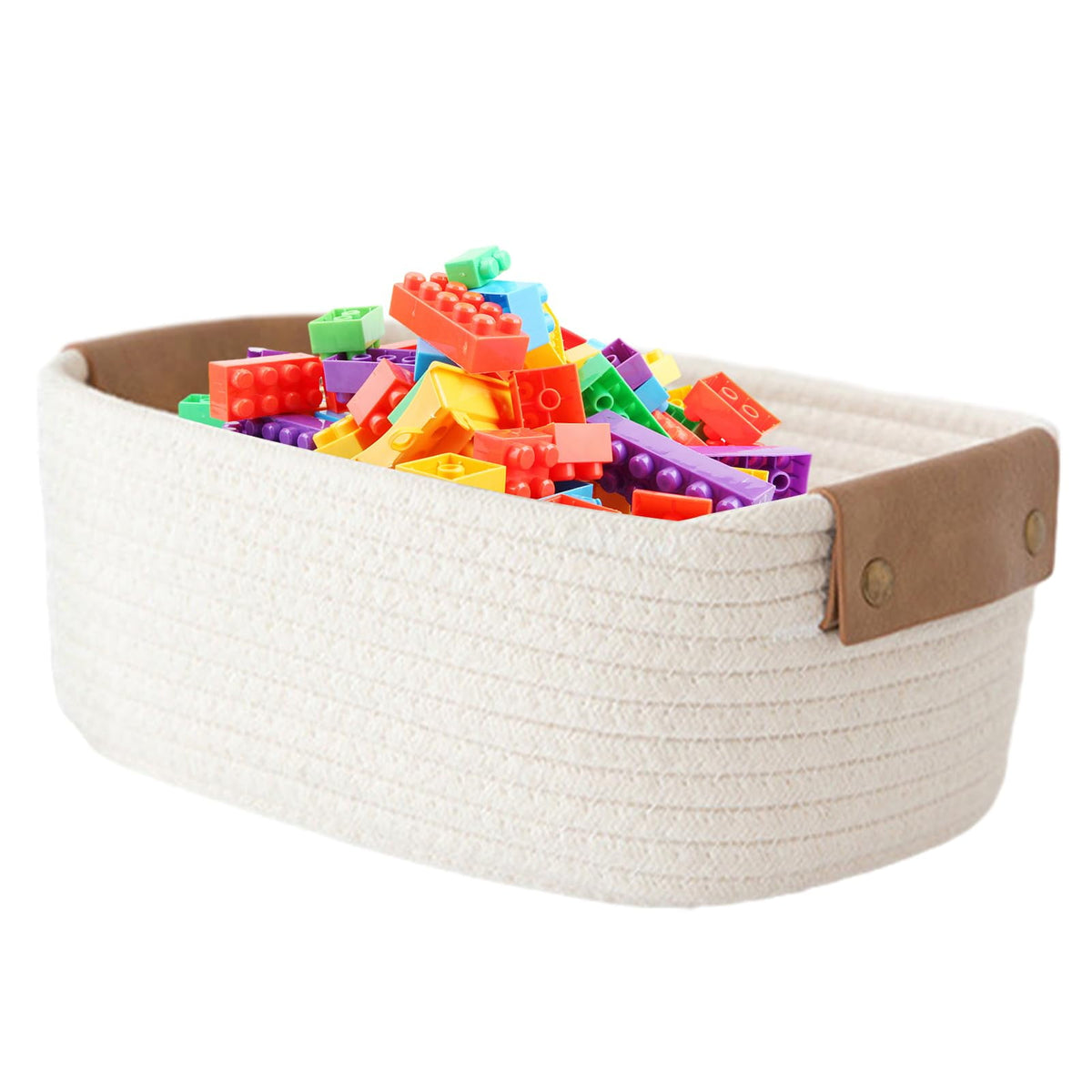 Large Cotton Rope Woven Basket with Faux Leather Handles, 12.6 x 9.5 x 5.2 in, White - Image 4