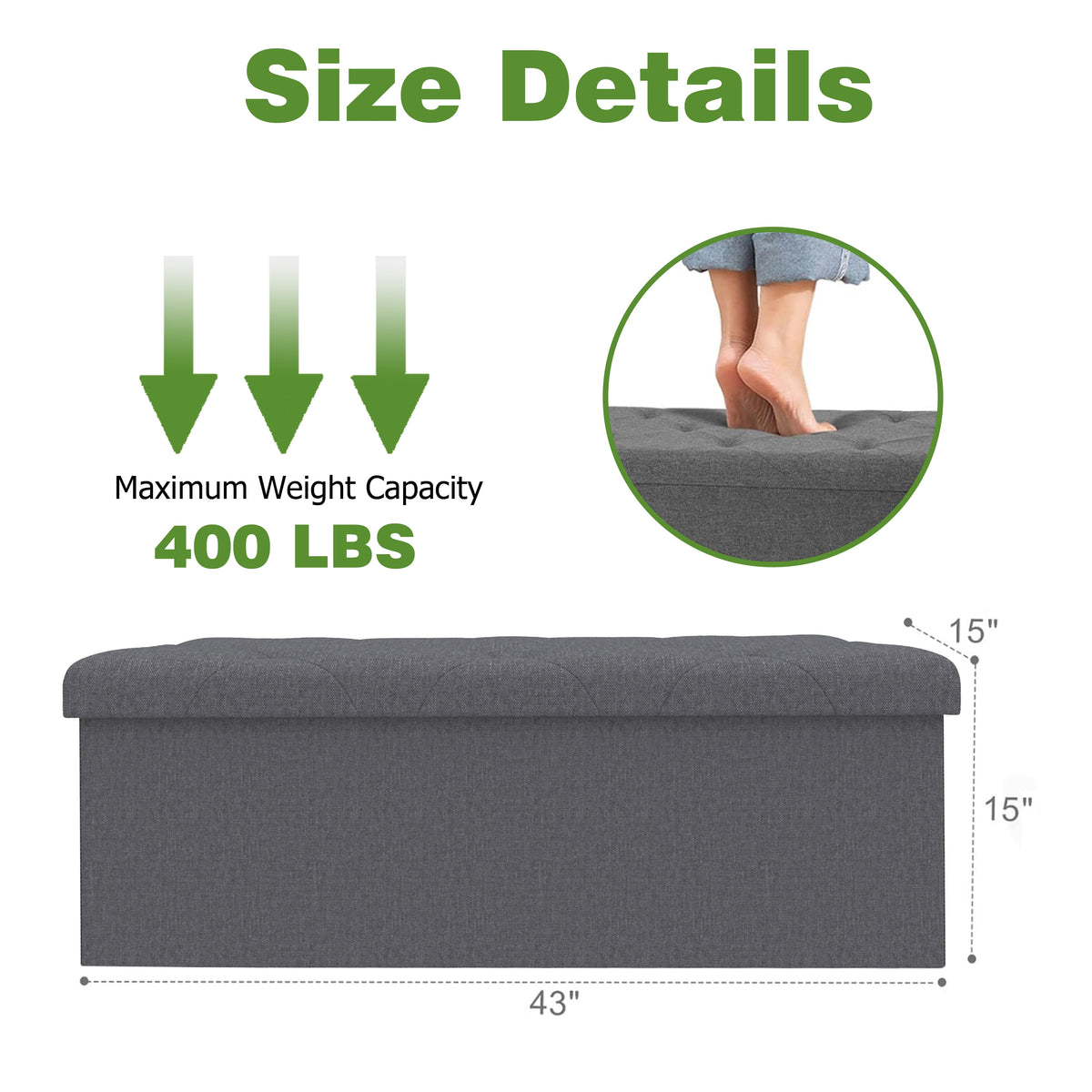 Folding Storage Ottoman Bench, 43-Inch Cushioned Foot Rest and Blanket Chest, Holds 400 lb, Grey - Image 2