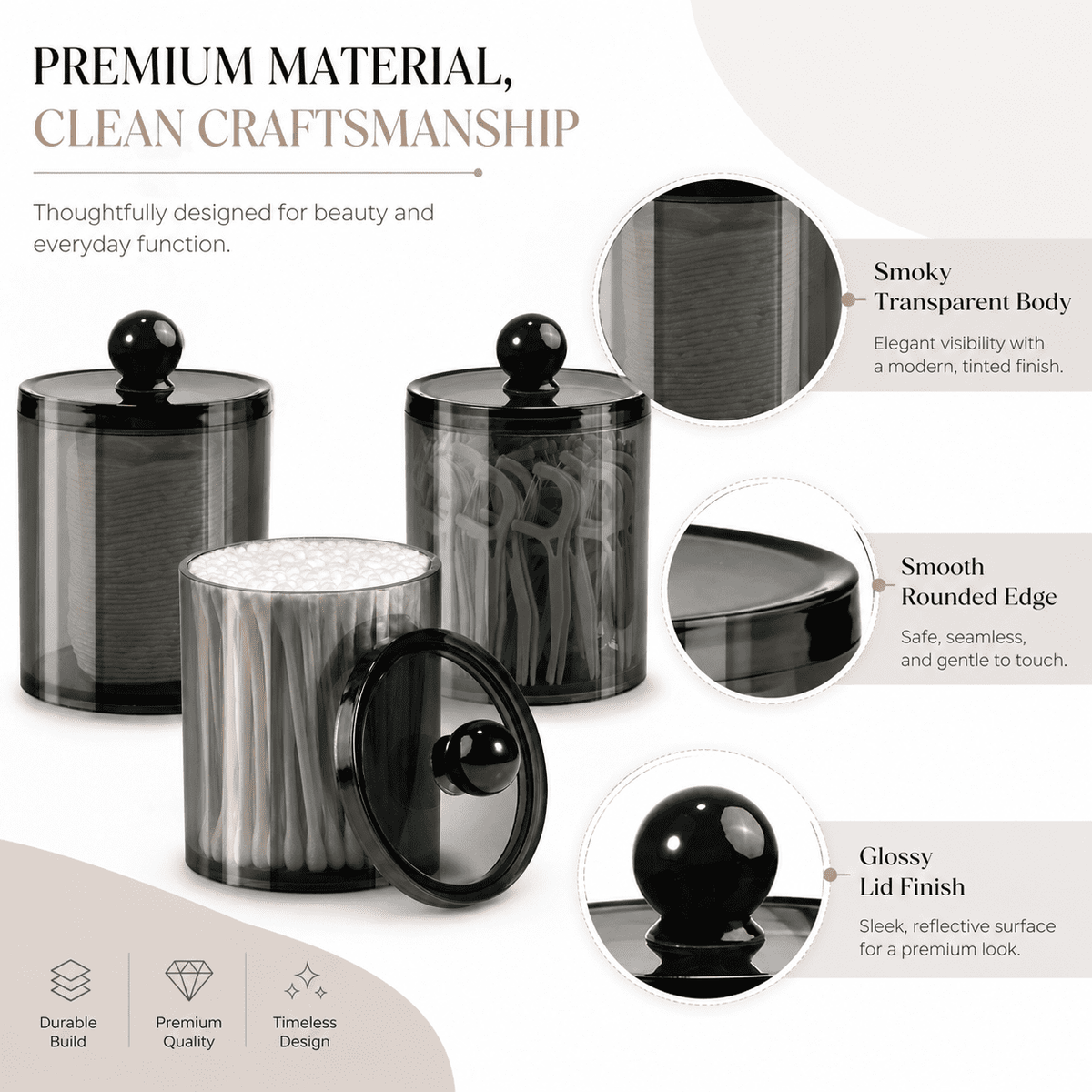 Black Apothecary Jars with Lids, 3-Pack Acrylic Cotton Swab and Cotton Pad Holders for the Vanity - Image 3