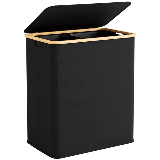 Double Laundry Hamper with Lid, 150 L Collapsible Sorter with Bamboo Handles and Removable Liner Bags, Black
