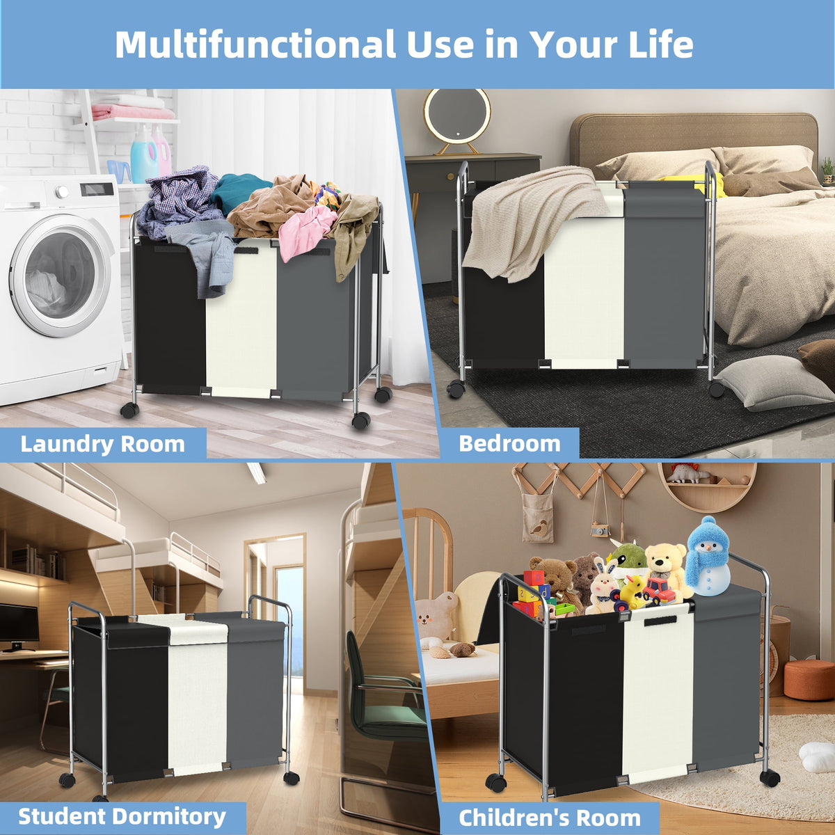 Rolling Laundry Sorter with 3 Compartments, Lid and Handles, 150 L Hamper Cart - Image 3