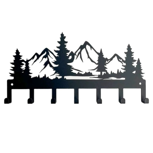 Metal Key Holder for Wall with 7 Hooks, Mountain and Pine Tree Silhouette Rack, 25 cm, Black