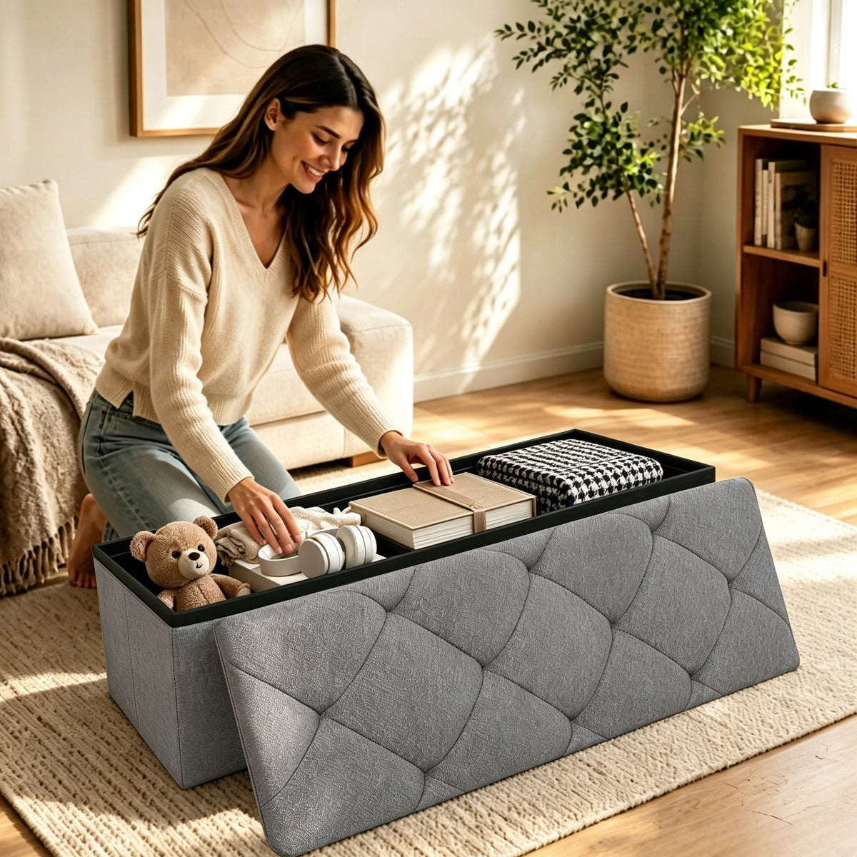 Folding Storage Ottoman Bench, 43-Inch Cushioned Foot Rest and Blanket Chest, Holds 400 lb, Grey - Image 6
