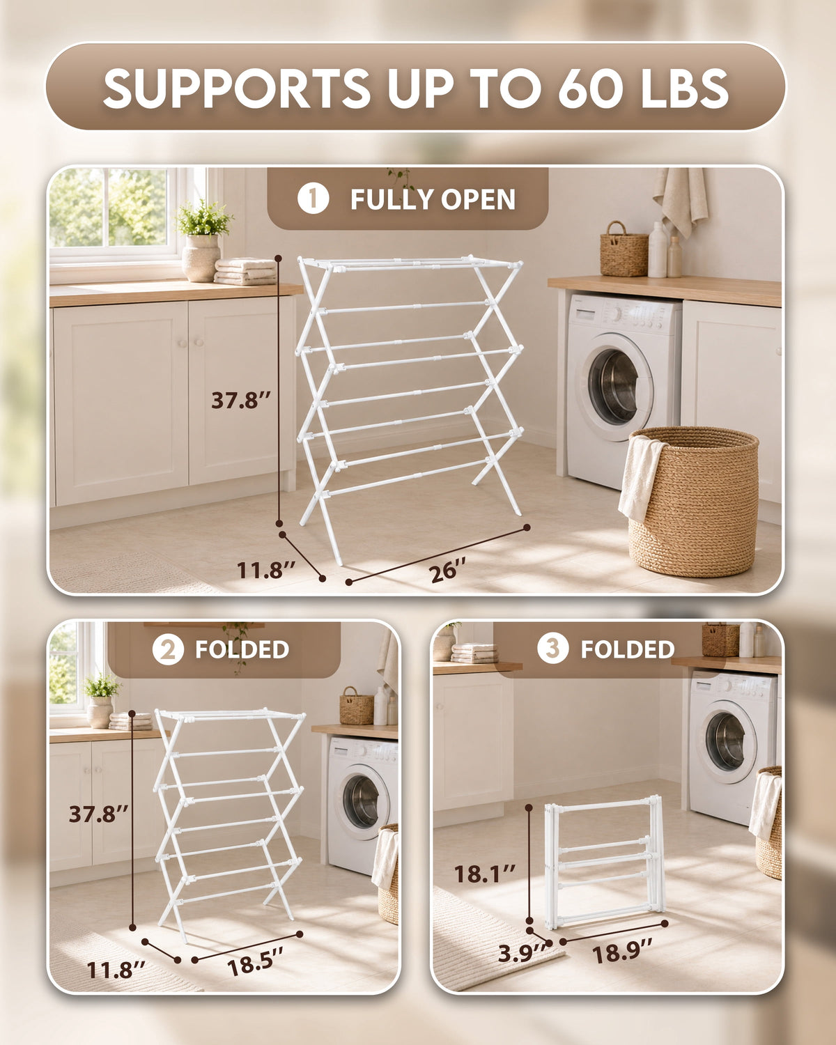 Folding Clothes Drying Rack, Expandable Metal Airer Holds 50 lb, Indoor and Outdoor, 37.5 x 29 x 12 in - Image 6