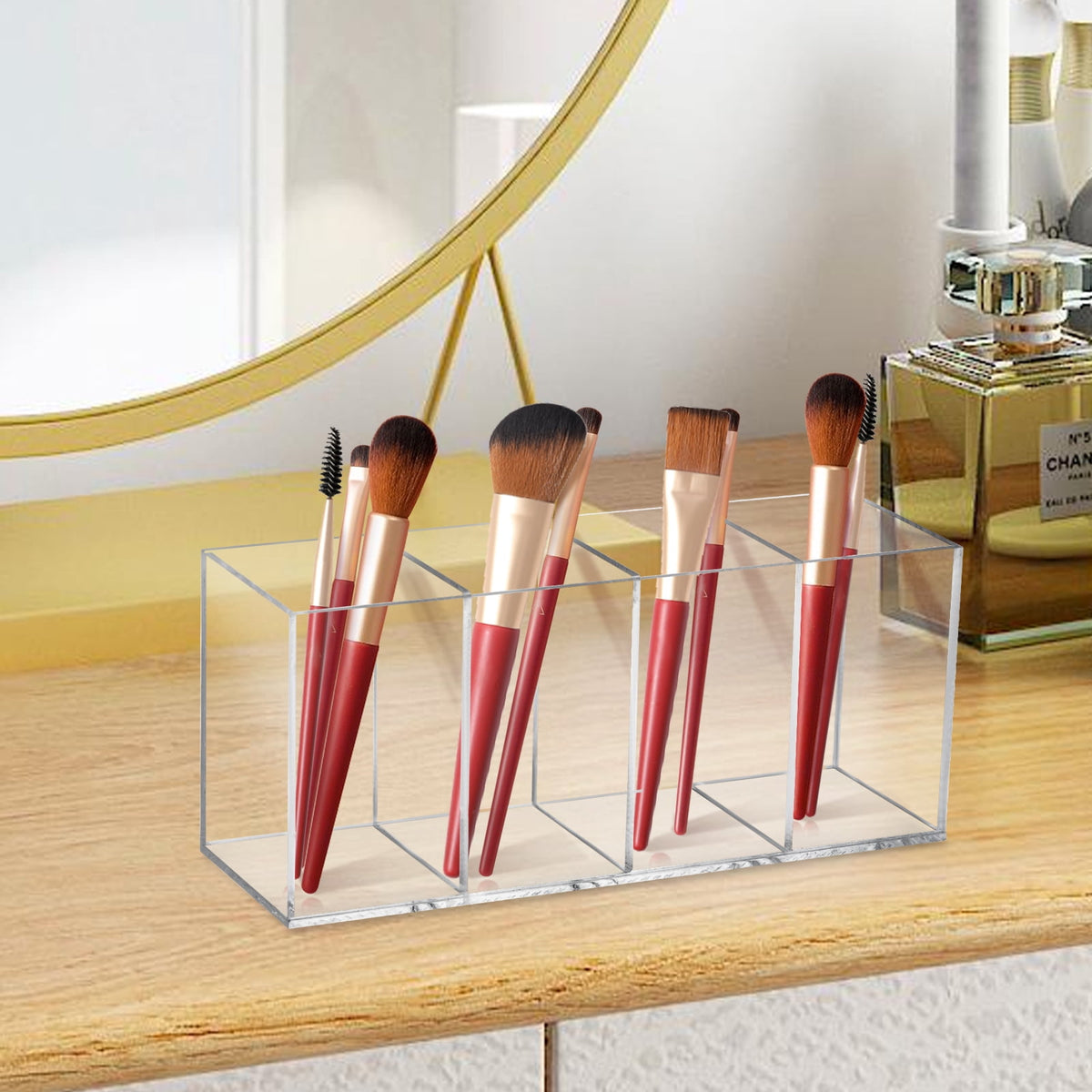Clear Acrylic Makeup Brush Organizer with 4 Compartments, Vanity and Desk Holder - Image 4