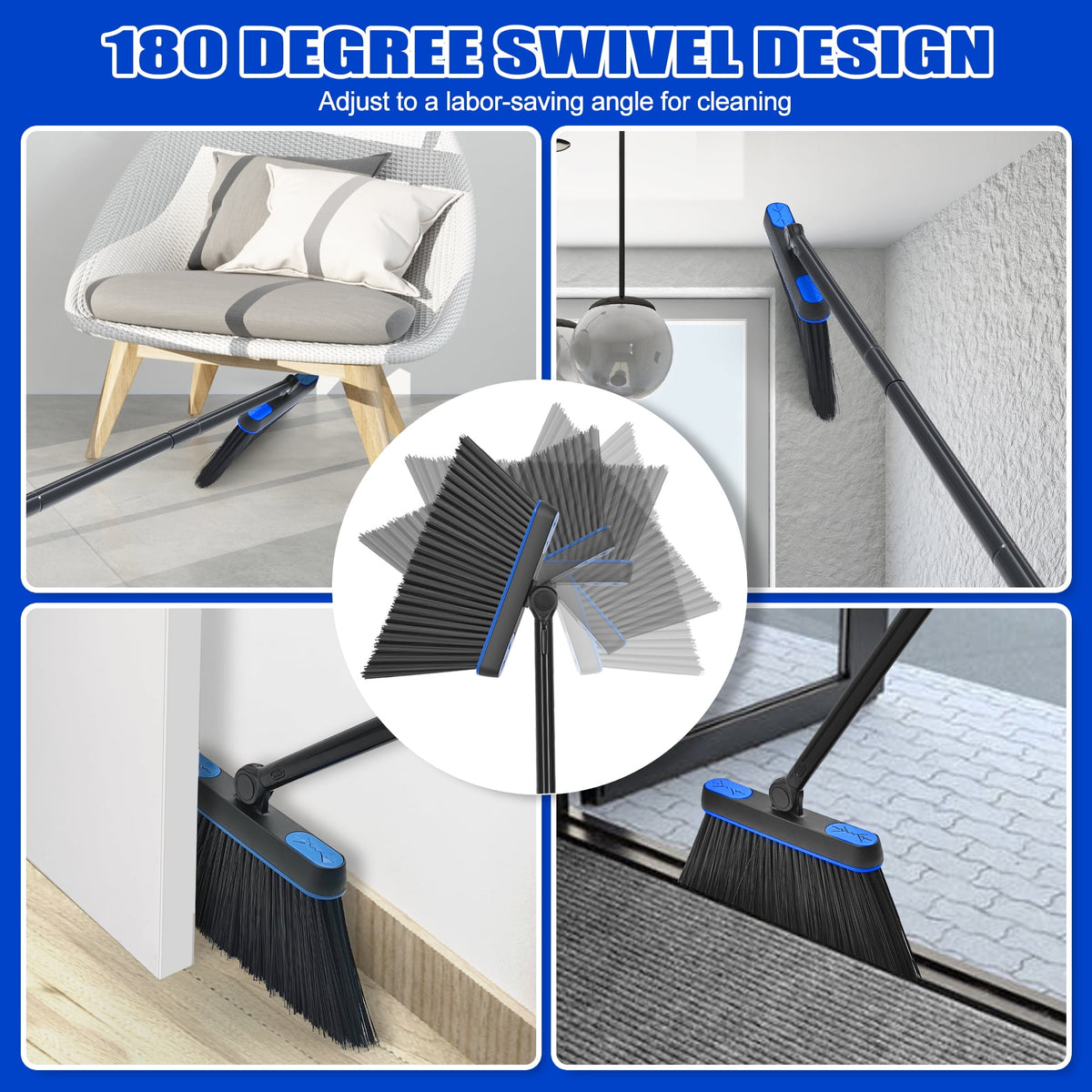 Broom and Dustpan Set with 53.5-Inch Telescopic Handle, Clear Dustpan with Comb Teeth, Blue - Image 5
