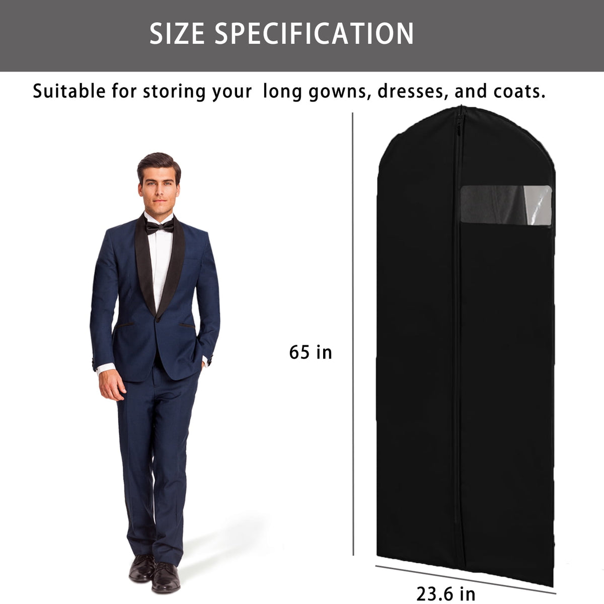 Long Garment Bags for Gowns and Suits, 65-Inch Breathable Dress Covers, 2-Pack, Black - Image 2