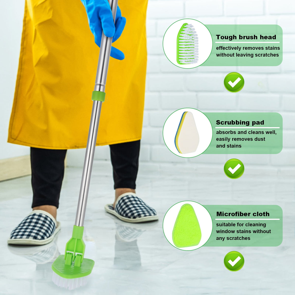 Long-Handle Bathroom Scrub Brush Set with 3 Heads, Extends 18 to 37 in, Pivoting Head - Image 5