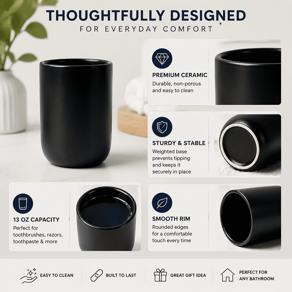 Ceramic Toothbrush Holder Cup, 14 oz Matte Black Tumbler for Toothbrushes and Toothpaste - Image 4