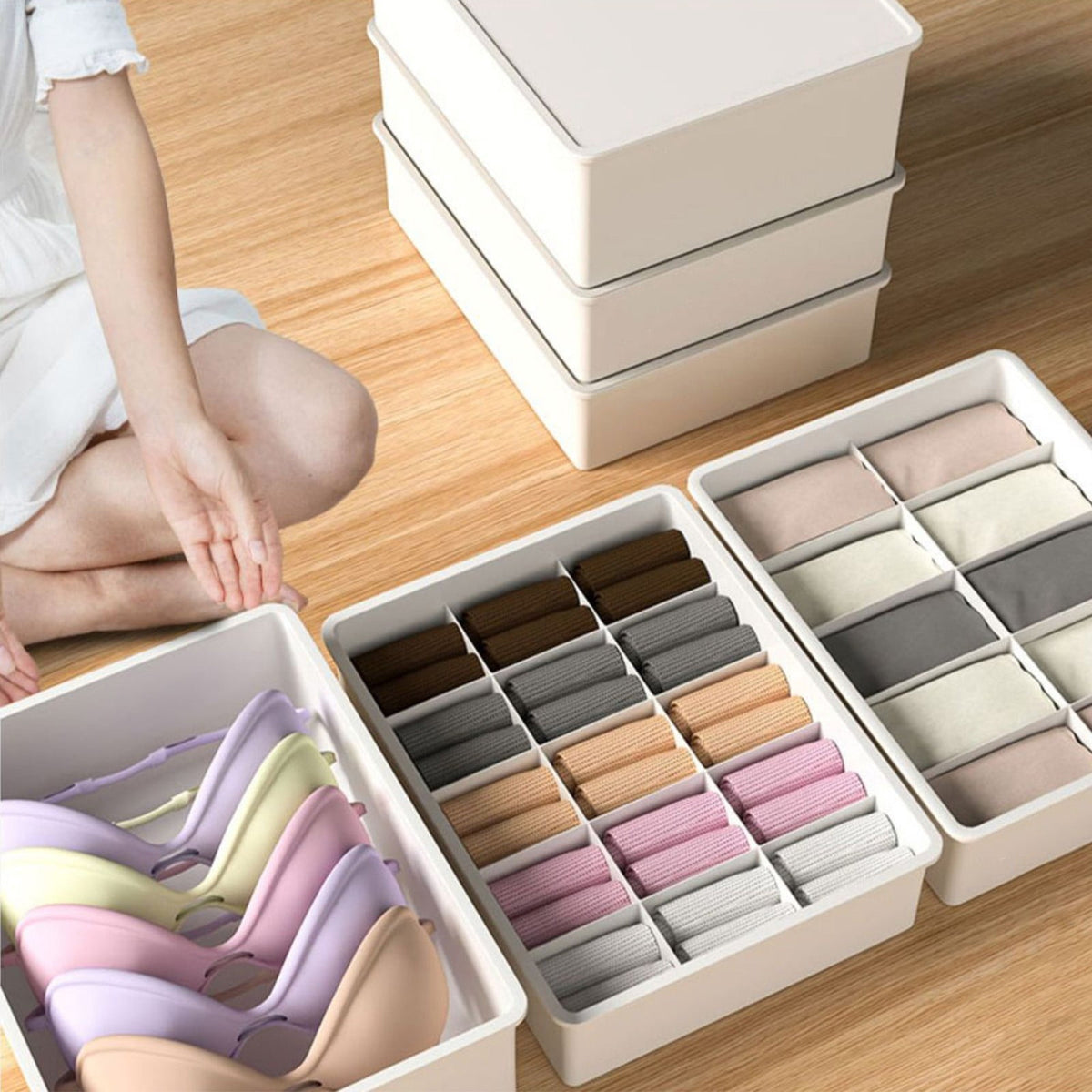 Sock and Underwear Drawer Organizer with Lid, 15-Compartment Plastic Divider Box, 11 x 8.3 x 3 in, White - Image 5