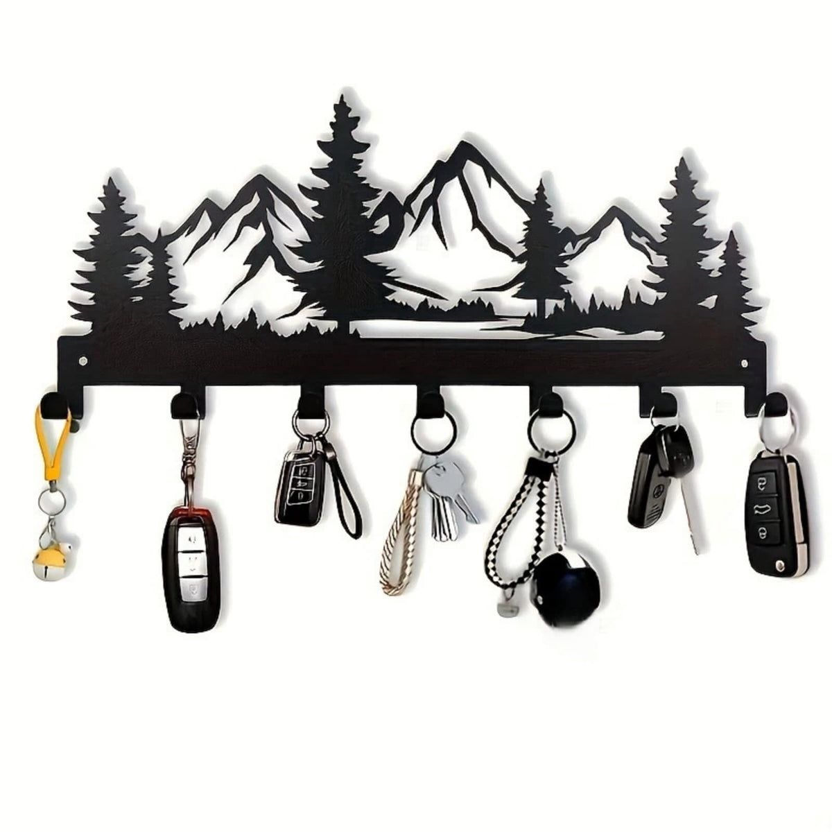 Metal Key Holder for Wall with 7 Hooks, Mountain and Pine Tree Silhouette Rack, 25 cm, Black - Image 2