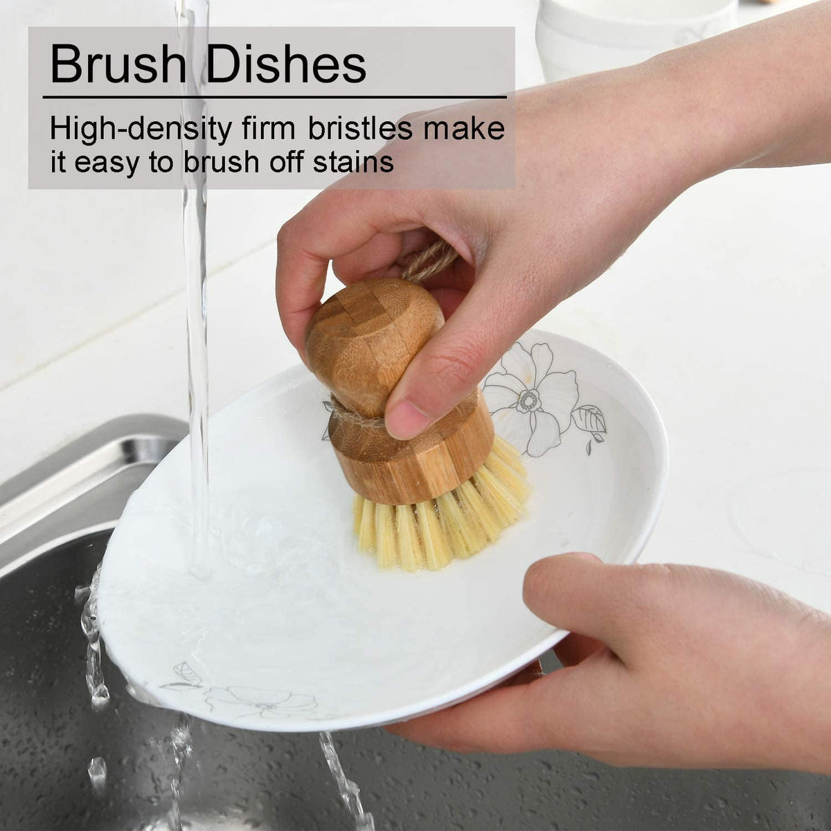 Round Wooden Palm Pot Brush for Pans, Dishes and Vegetables, 3.15 x 1.77 in - Image 4