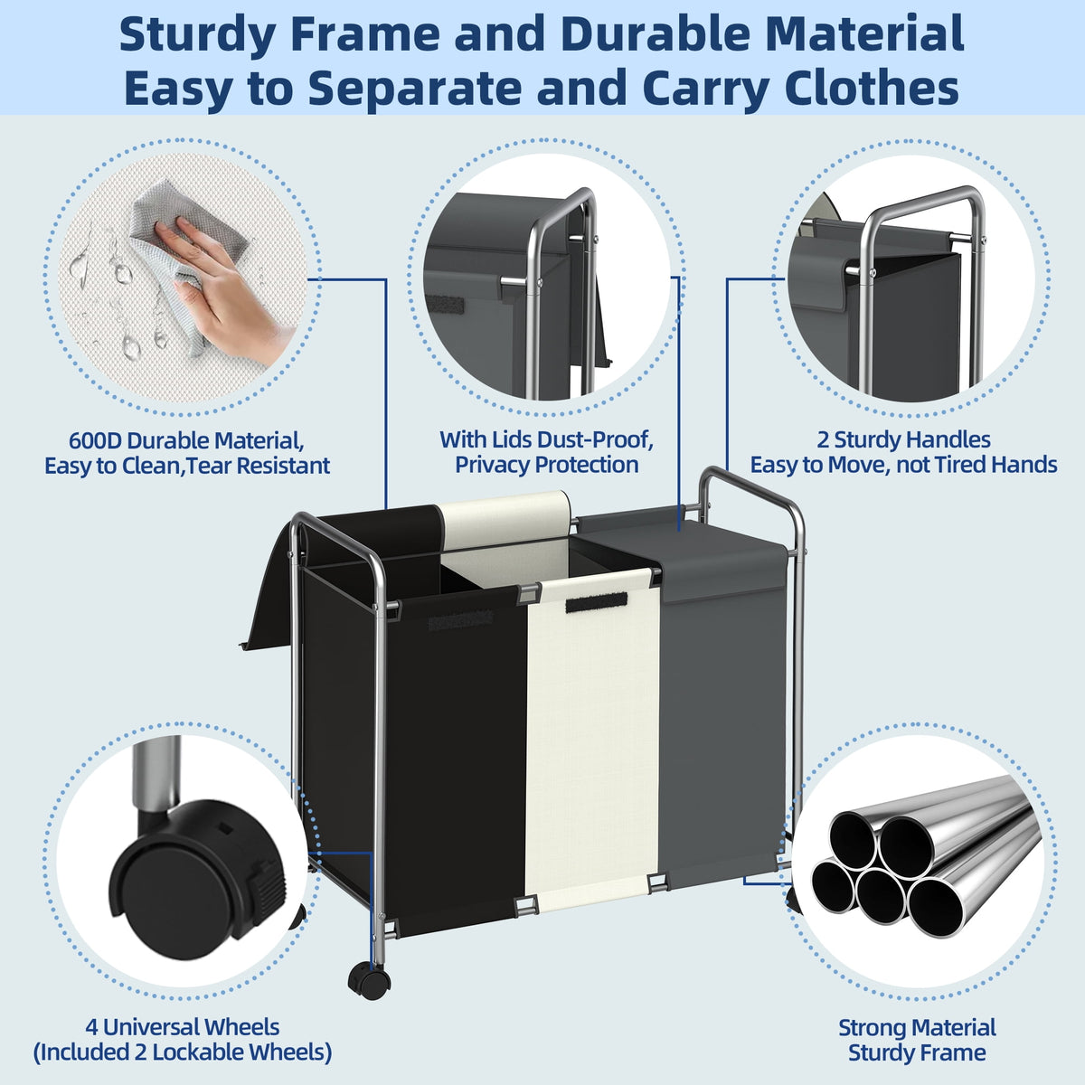 Rolling Laundry Sorter with 3 Compartments, Lid and Handles, 150 L Hamper Cart - Image 5