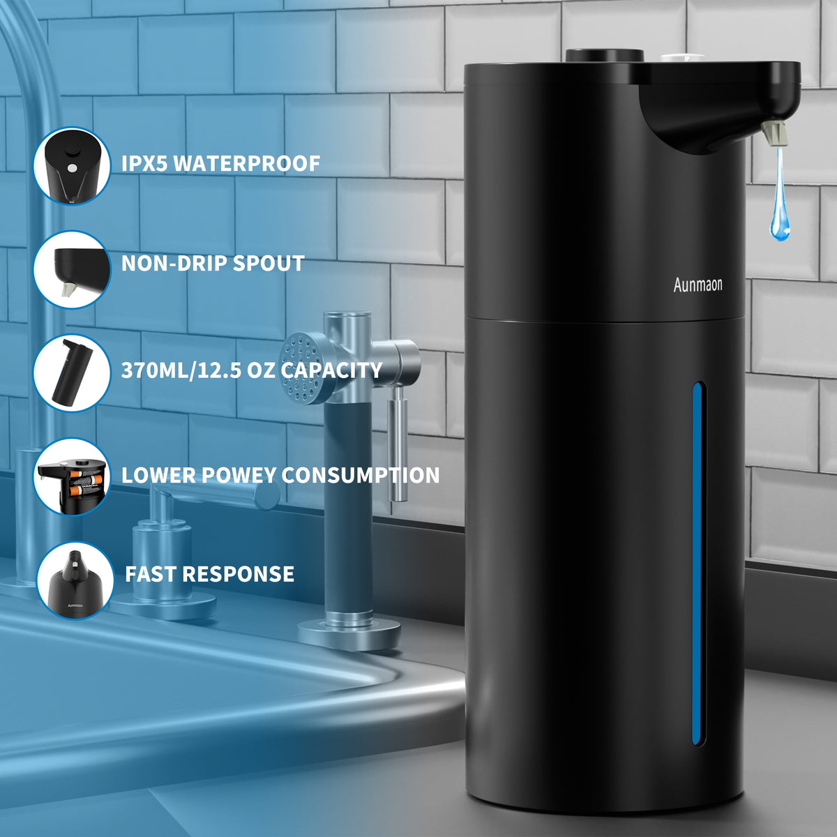 Touchless Automatic Soap Dispenser with 15 Volume Settings for Thick and Thin Liquid Soap, Black - Image 5