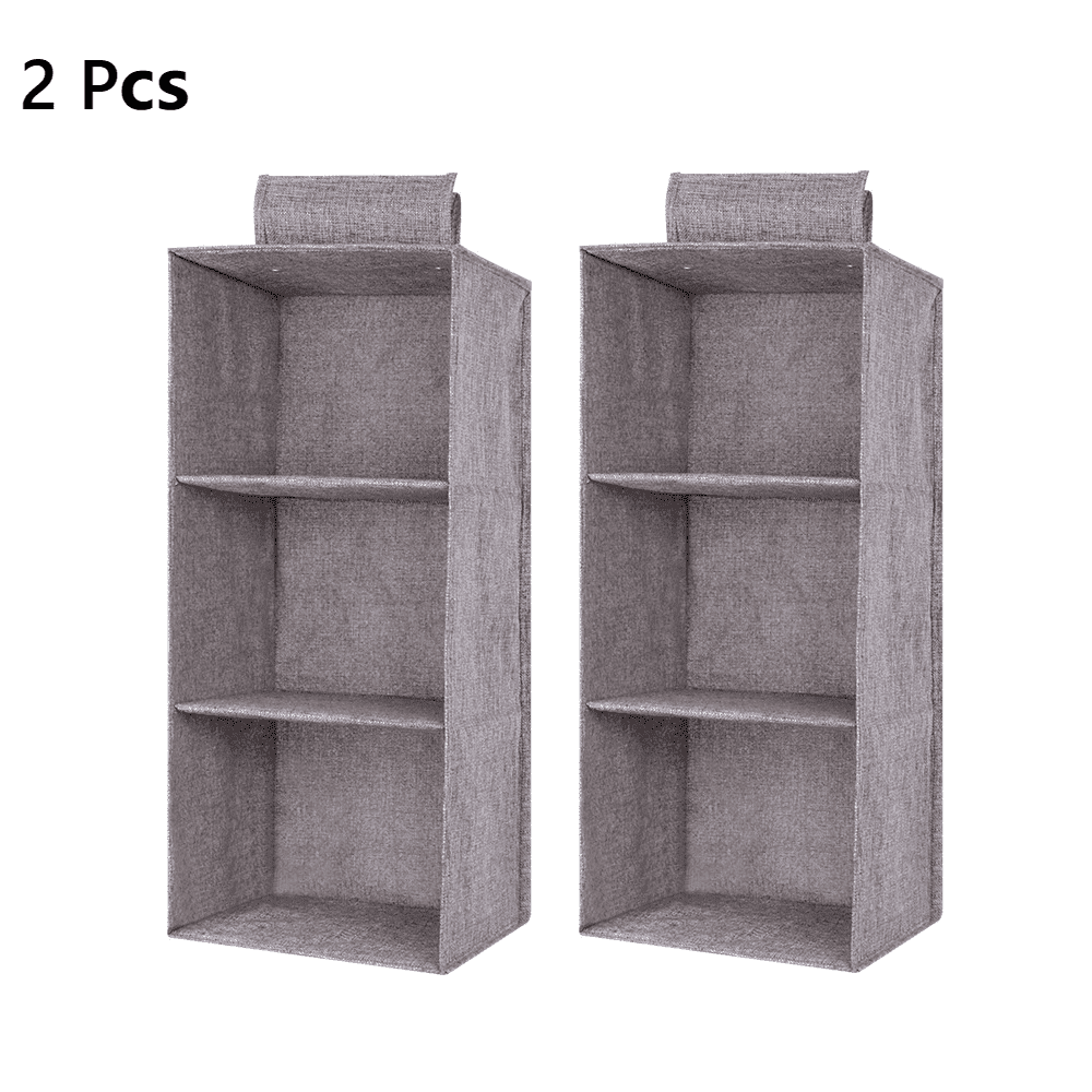 Hanging Closet Organizer with 3 Shelves, 2-Pack Collapsible Non-Woven Wardrobe Shelves, Gray