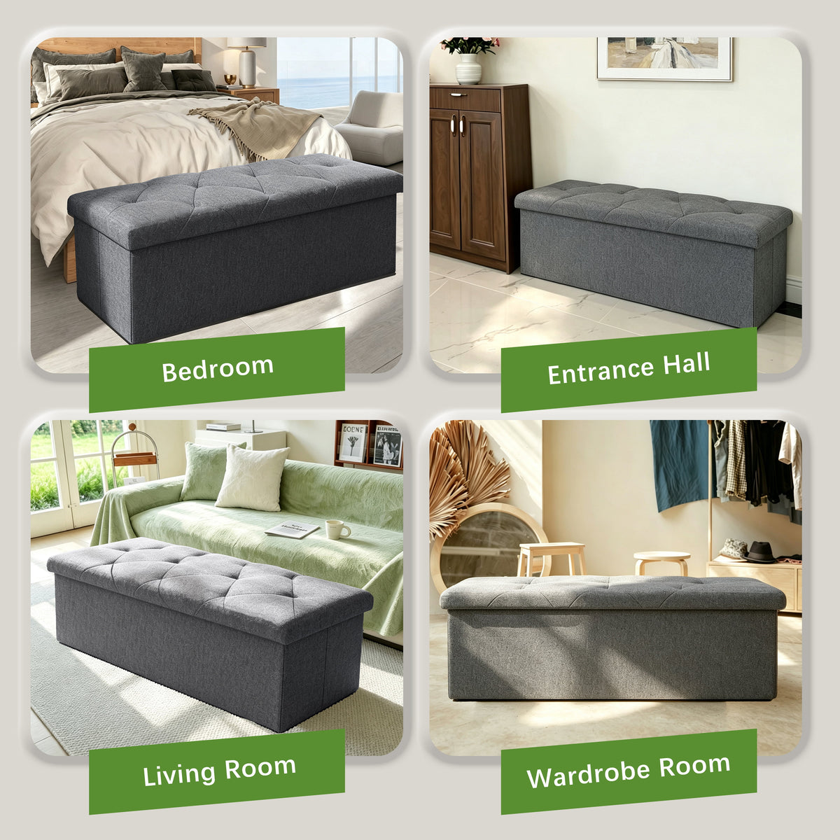 Folding Storage Ottoman Bench, 43-Inch Cushioned Foot Rest and Blanket Chest, Holds 400 lb, Grey - Image 4